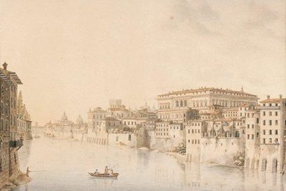 VICTOR-JEAN NICOLLE (1754-1826) Le palais Farnèse et le Tibre à Rome Aquarelle, signée...