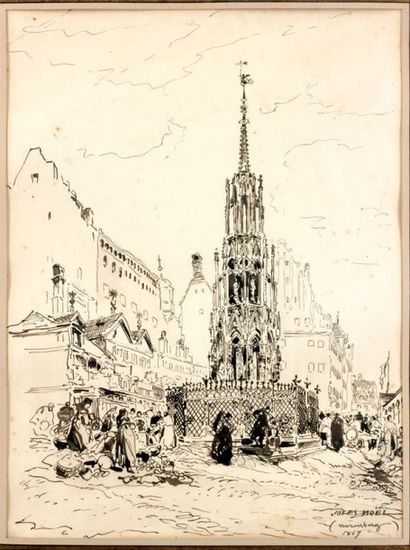 Jules Noël (1815-1881) La place de la fontaine à Nuremberg Plume, encre brune, signée,...