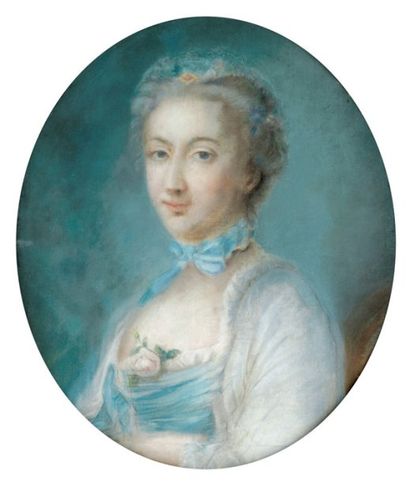 École FRANÇAISE du XVIIIe siècle Portrait de femme au noeud bleu Pastel. (Usures)....