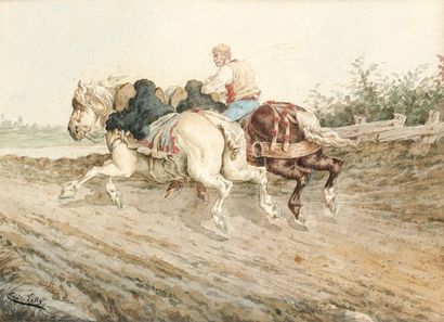 Émile JOLLY*** Chevaux au galop en tandem Deux aquarelles, signées. 21 x 28 cm