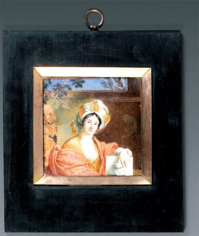 École Française du XIXe siècle Portrait de femme tenant une partition Miniature....
