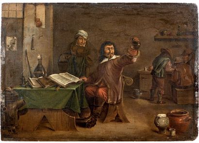 Ecole Flamande du XVIIIe siècle Chez le médecin, d'après D. Teniers Huile sur panneau....