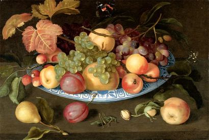 Johannes BOSSCHAERT (c. 1607-1628) Nature morte de fruits dans un bol de porcelaine...