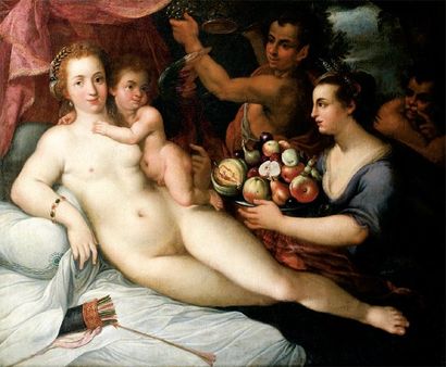 Attribué à Dirck de Quade Van RAVESTEYN (mort en 1619) Vénus et l'Amour Huile sur...