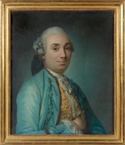 Louis VIGÉE (1715-1808) Portrait de gentilhomme à la veste bleue et au gilet jaune...