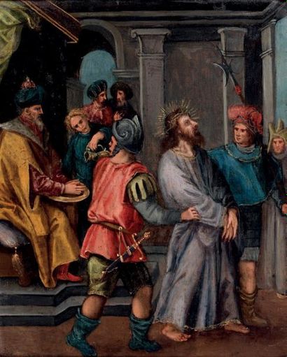 ÉCOLE FLAMANDE du XVIIe siècle Le Christ devant Pilate Huile sur cuivre. 15,7 x 12,7...