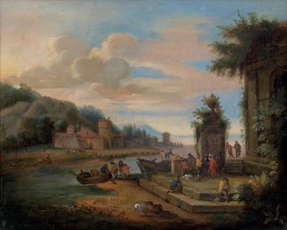 ÉCOLE FLAMANDE du XVIIIe siècle, dans le goût de BOUTS Paysage fluvial animé de personnages...