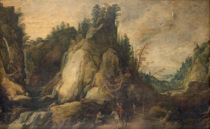 Attribué à Joos de MOMPER (1564-1635) Paysage montagneux animé de personnages Huile...