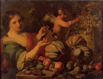 Attribué à Abraham BRUEGHEL (1631-1697) Nature morte de fruits, avec femme et amour...