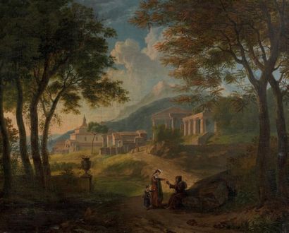 Attribué à Guillaume RONMY (1786-1834) Paysage romain animé de personnages Huile...