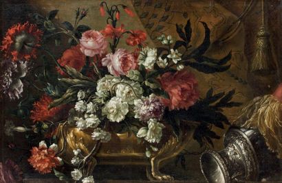 Atelier de Jean-Baptiste MONNOYER (1636-1699) Bouquet de fleurs dans une jardinière...