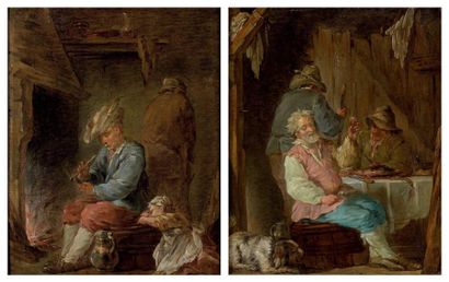 ÉCOLE FRANÇAISE du XVIIIe siècle Scène d'auberge Le fumeur et son enfant Deux huiles...