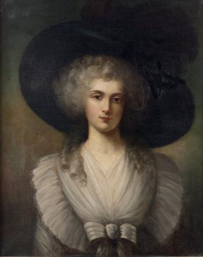 ÉCOLE ANGLAISE du XIXe siècle Élégante au chapeau blanc Huile sur toile. 80 x 63...