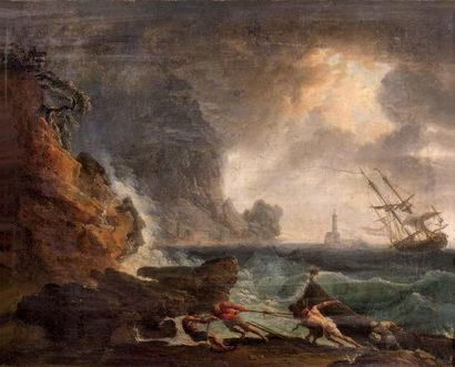 ÉCOLE FRANÇAISE du début du XIXe siècle Marine, scène de tempête d'après Joseph Vernet...