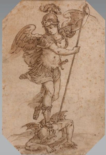 ÉCOLE ITALIENNE du XVIIe siècle Saint Michel Plume, lavis brun. 26 x 17,2 cm