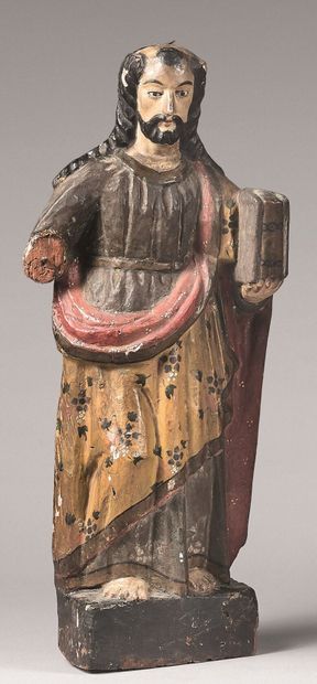 null Statuette en bois polychrome sculpté d'un apôtre.
Fin du XVIIIe siècle.
(Un...