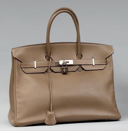 HERMÈS Paris Sac "Birkin" en cuir étoupe à surpiqûres blanches, fermeture en palladium,...