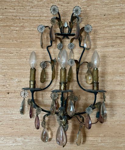 null TWO PAIRS OF three-light sconces and ONE six-light chandelier in gilded brass,...