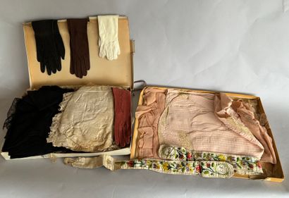 null SET of antique fabrics and lace, hats in box and gloves.