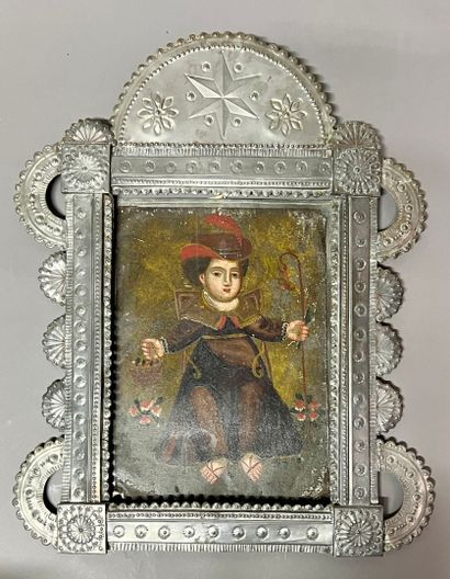 null CUZCO SCHOOL
"Portrait of a young man"
Oil on copper mounted in a perforated...