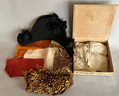 null SET of antique fabrics and lace, hats in box and gloves.