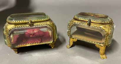 null TWO brass and crystal reliquary boxes of rectangular form resting on four small...