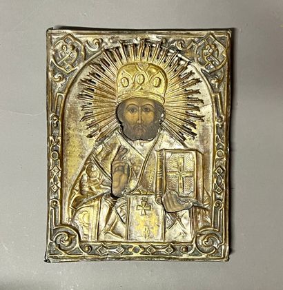 null ICON
"Christ blessing
Riza in silver-plated metal on wood panel.
Russia, 19th...