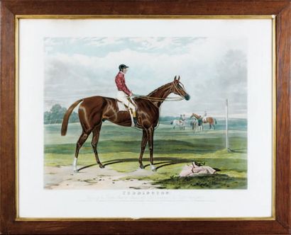 D'après H. HALL "Teddington, Derby Stakes Epsom 1851", aquatinte par Hunt, 59 x 76...