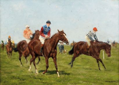 Jean van MARCKE de LUMMEN (1875-1918) Chevaux se rendant au départ Huile sur toile,...