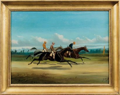 Jonny AUDY (XIXe siècle) Trois jockeys à la lutte Huile sur toile, signée en bas...