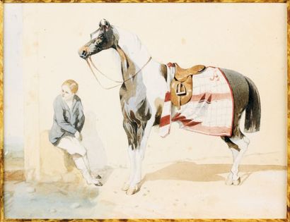 Alfred de DREUX (1810-1860) Lad et cheval pie Aquarelle, signée en bas à droite....