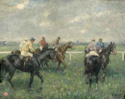 Frantz CHARLET (1862-1928), Belge Aux courses, avant le départ Huile sur toile, signée...