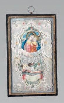 null Canivet rectangulaire de parchemin orné d'une Vierge à l'Enfant et d'un Enfant...