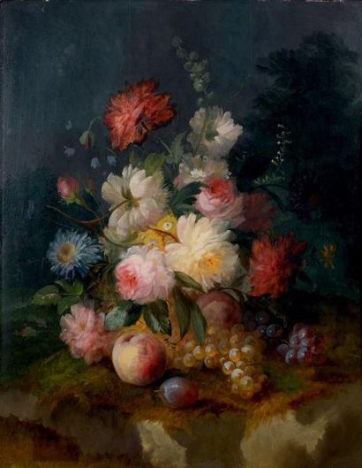 ECOLE LYONNAISE du XIXe siècle Nature morte de fleurs et de fruits Huile sur panneau,...