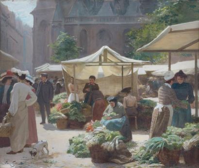 Victor GILBERT (1847-1933) Scène de marché Gouache, signée et située «Dieppe» en...