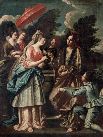 Entourage de Francesco FONTEBASSO (Venise 1707 - Venise 1769) Rebecca au puits reçoit...