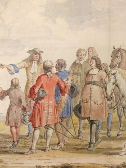 Adam Frans Van der MEULEN (Bruxelles 1632 - Paris 1690) Groupe de militaires écoutant...