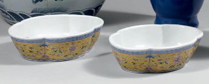 XXe siècle PAIRE DE COUPES polylobées en porcelaine décorée en émaux polychromes...