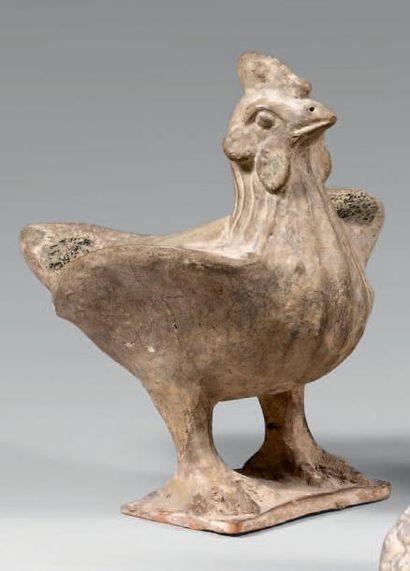 Époque HAN (206 av. J.-C. - 220 ap. J.-C.) STATUETTE de poule posée les ailes à demi...