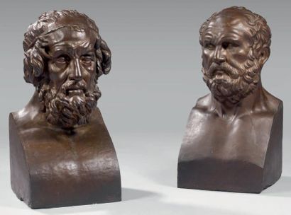null Buste d'Homère et buste de Platon en "hermès" d'après l'Antique en plâtre patiné...