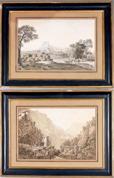 D'après Johann Jakob STRUDT (1773-1807) Deux aquatintes, vues de Suisse: Vue de Saint-...