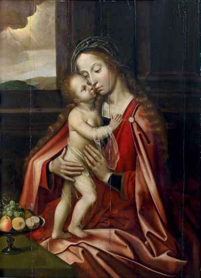 Atelier de Guillaume BENSON (1521-1574) La Vierge et l'Enfant Huile sur panneau,...