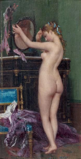 École Française du XIXe siècle Femme à sa toilette Huile sur panneau. 23,5 x 12,8...