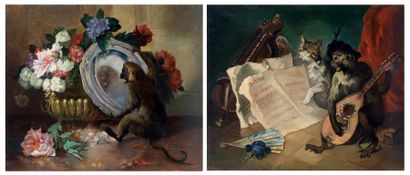 Entourage de Emmanuel NOTERMAN (1808-1863) Singe devant un plat d'argent Chat et...