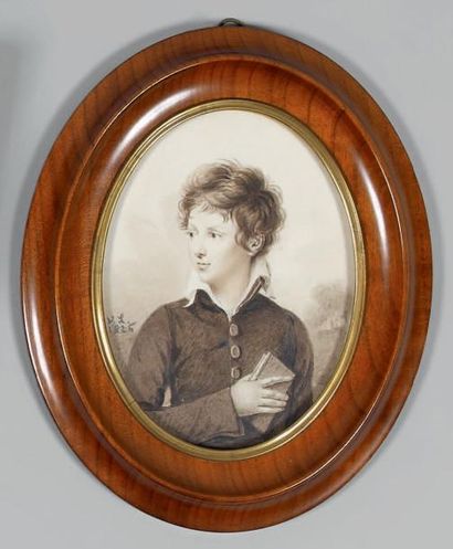 Victorine CLERGEAU-LACROIX (1797-1841) Portrait de jeune homme tenant un livre Miniature....
