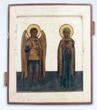 null ICÔNE représentant à gauche un Saint Archange et à droite une Sainte martyre....