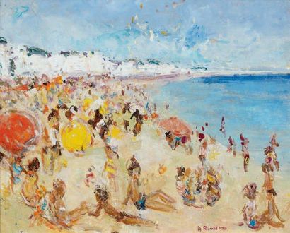 Alain ROUSSEAU (Né en 1926) Sur la plage Huile sur toile, signée en bas vers la droite....