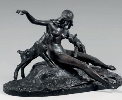 ARY-BITTER (1883-1973) Nymphe aux chevreaux Épreuve en bronze à patine verte nuancée,...