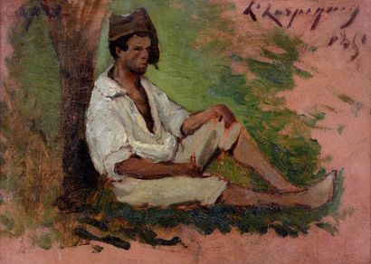Henri Joseph HARPIGNIÈS (1819-1916) Le berger italien, 1851 Huile sur carton, signée...