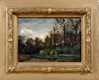 KARL PIERRE DAUBIGNY (1846-1886) Maison en sous-bois Huile sur panneau, porte le...